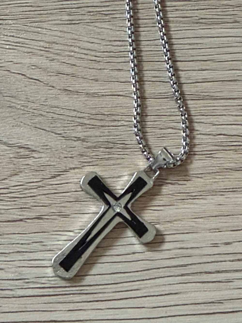 NWT Men’s Stainless Steel Two-Tone Layered Cross Necklace Silver Black